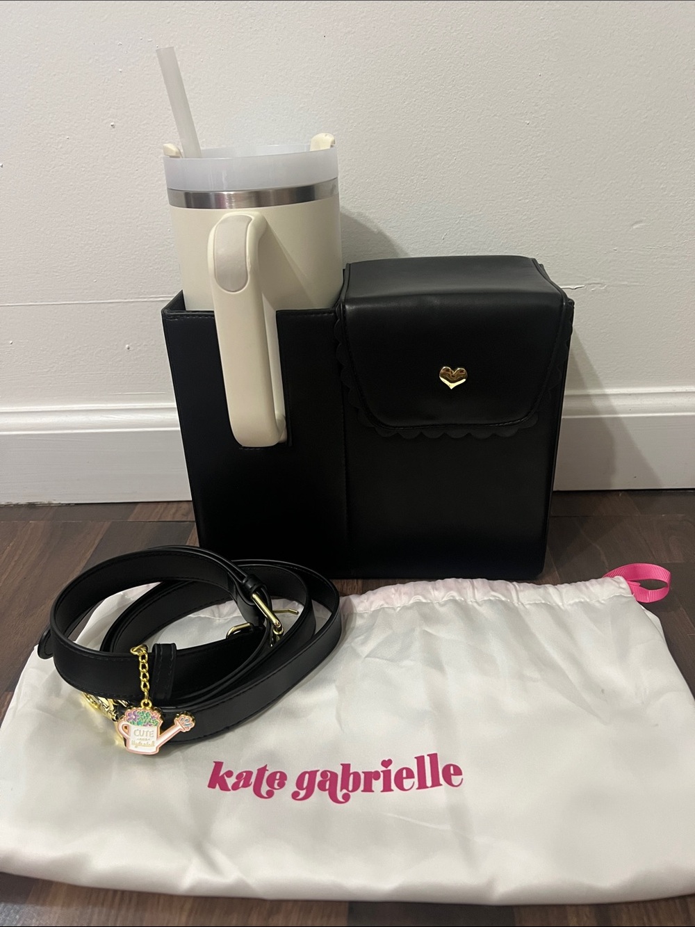 Kate Gabrielle Black Crossbody Bag with Gold Heart Accent